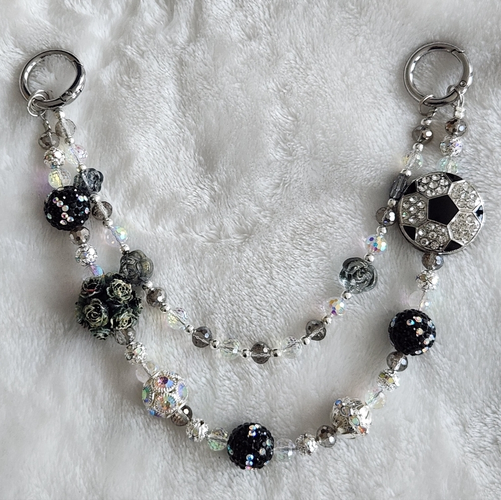 Soccer Black and Silver Beaded Bag Chain Purse Chain